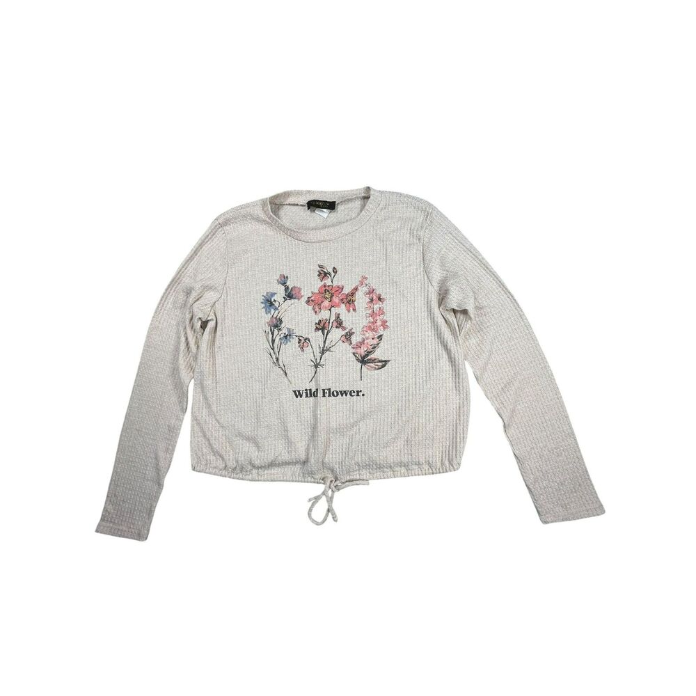 Women Queen Bees Large waffle knit cropped top, Wild Flower graphic, drawstring